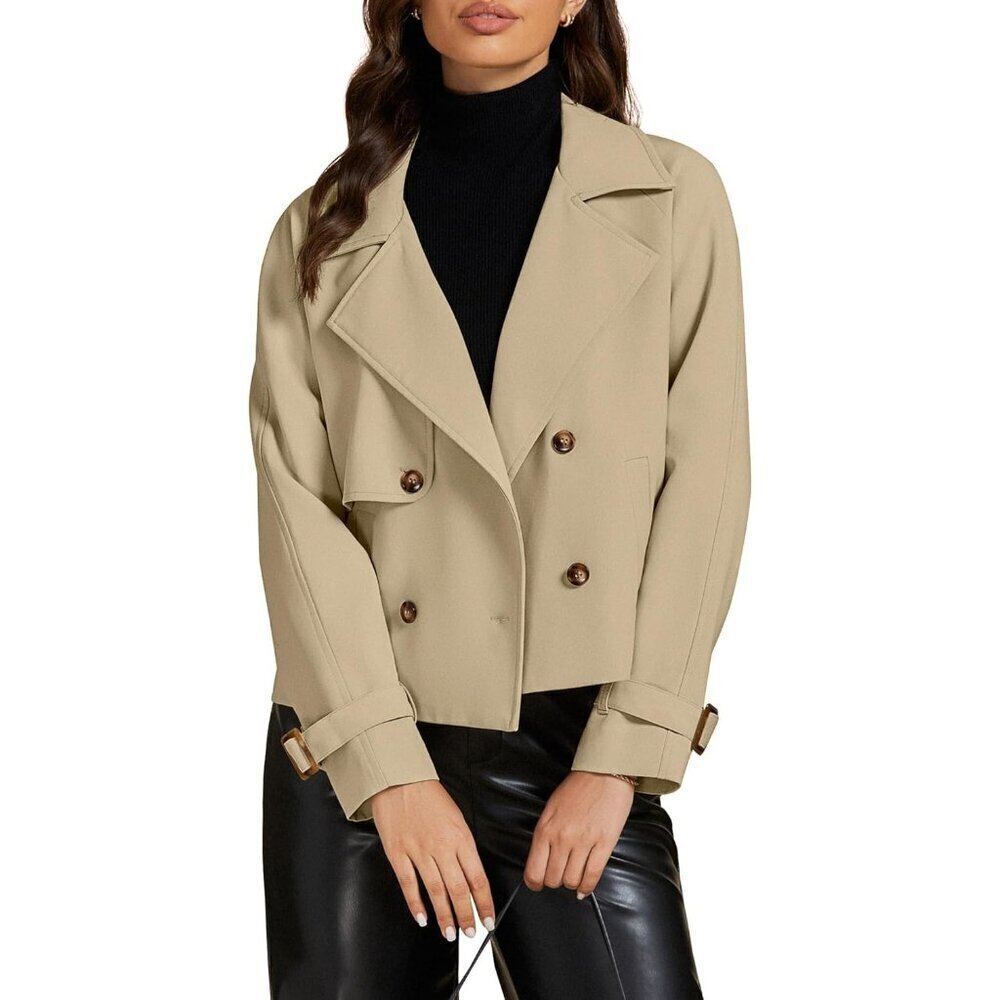 🆕Women Khaki Cropped Trench Coat Double Breasted Lapel Casual Loose Fit